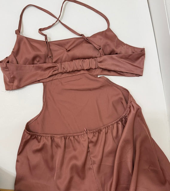 Fiemaoves Satin Cowl Neck Backless Maxi Dress Rose Brown NWT XL