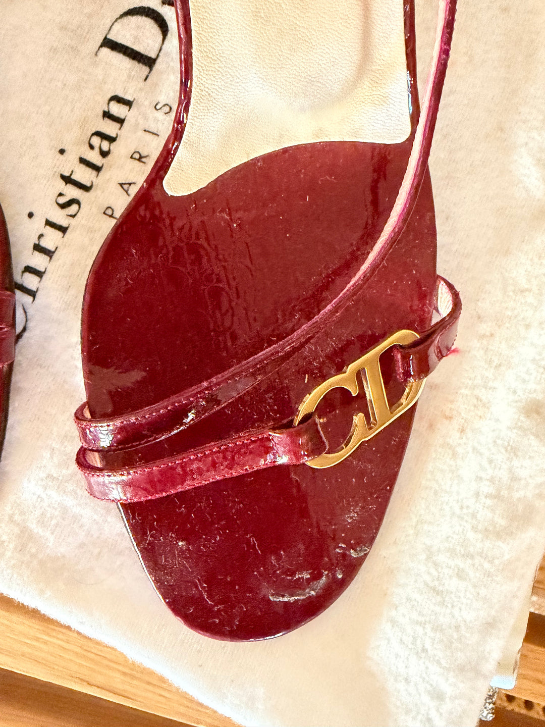 Christian Dior Burgundy Patent Leather CD Logo Ankle Strap Sandals Heels EU 38