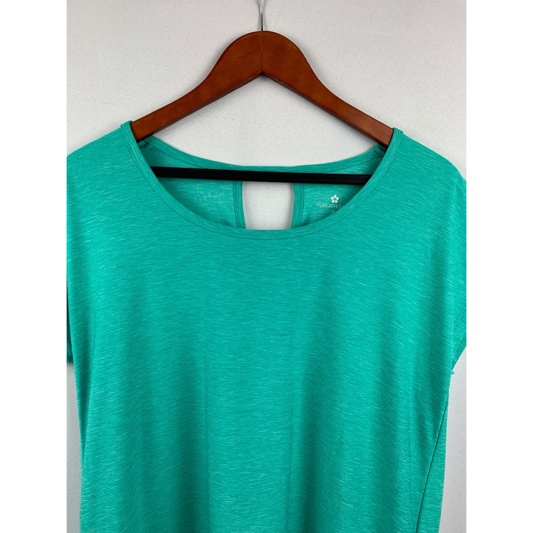 Tuff Athletics Womens Turquoise Athletic Top Loose Fit Keyhole Back Moisture Wicking Workout Shirt