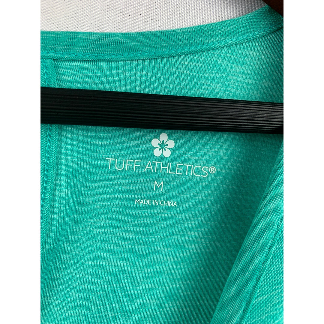 Tuff Athletics Womens Turquoise Athletic Top Loose Fit Keyhole Back Moisture Wicking Workout Shirt