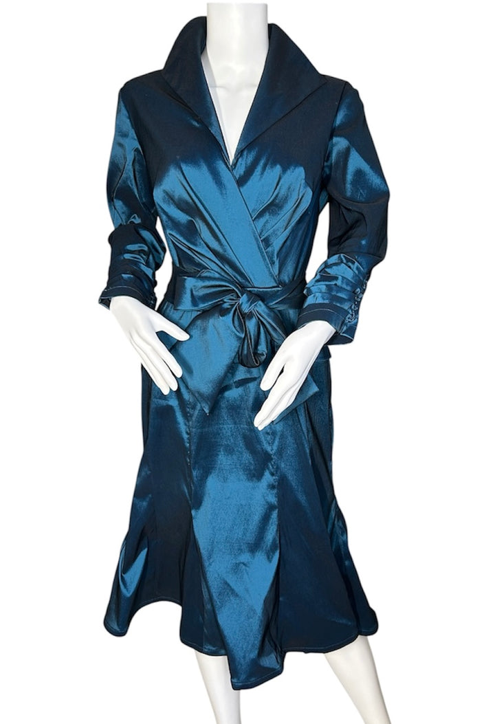 Tadashi Collection Women’s Size 8 Deep Teal Blue Green Satin Tie Waist Midi Dress Ruched Sleeve cocktail
