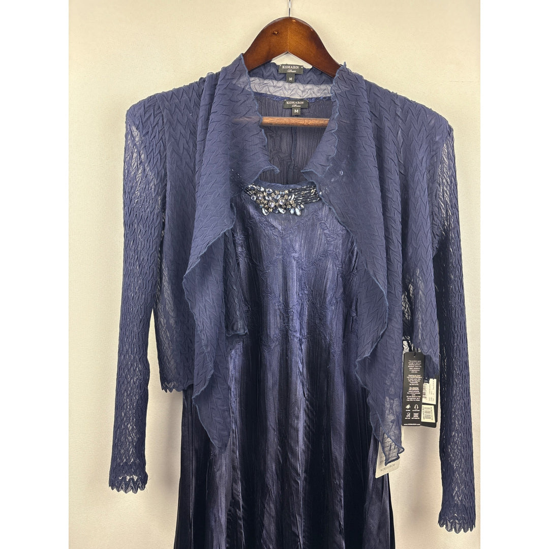 Women’s Komarvo Medium Navy Blue Satin Dress Set w/ Jewel Embellishments