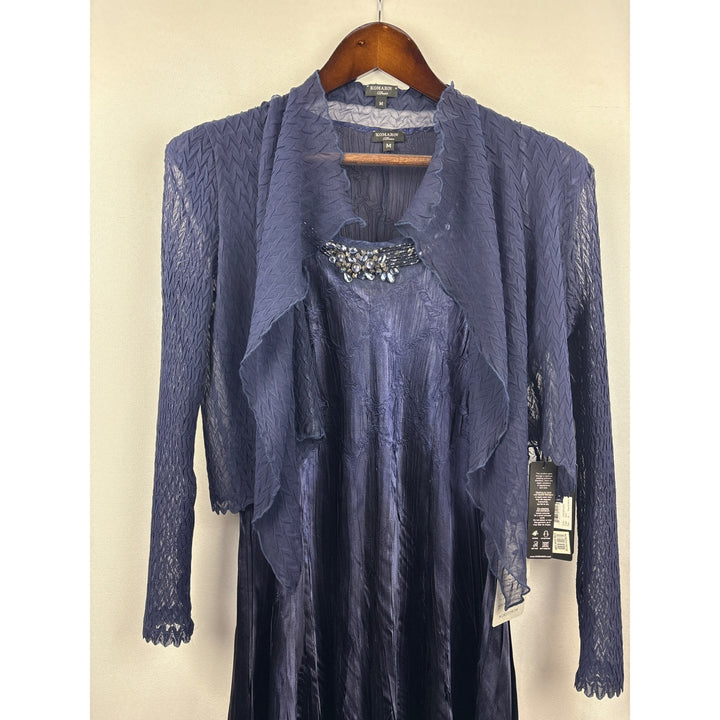 Women’s Komarvo Medium Navy Blue Satin Dress Set w/ Jewel Embellishments