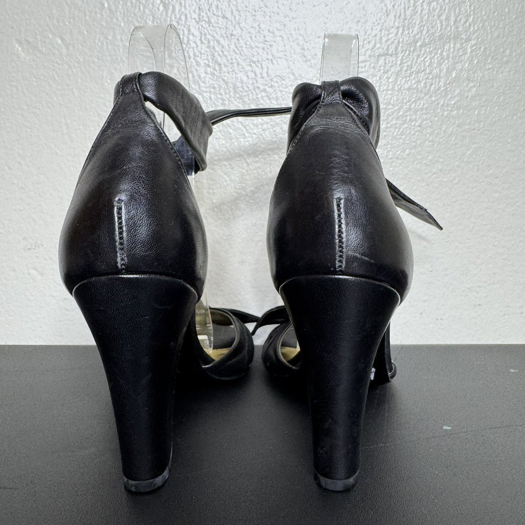 Coach Black Leather Peep-Toe Heels, Ankle Tie, 3.5" Block Heel, Size 6B
