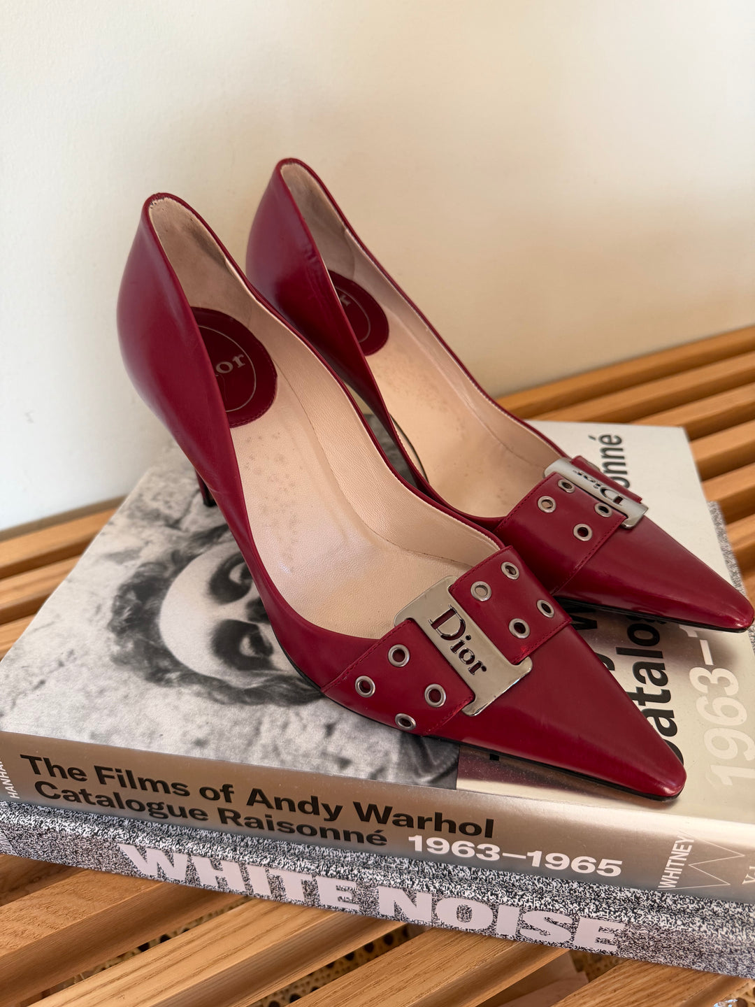 Vintage Christian Dior Red Leather Logo Buckle Pumps 38.5