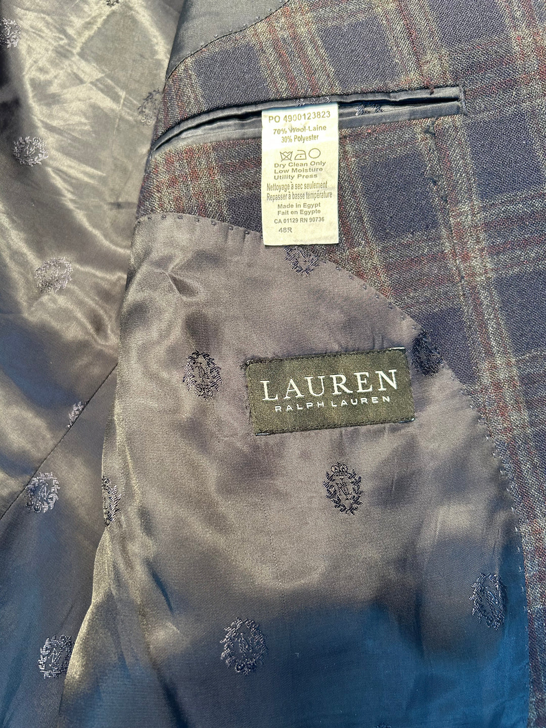 Lauren Ralph Lauren Men’s Blazer 48R Navy Blue Plaid Wool Blend Sport Coat