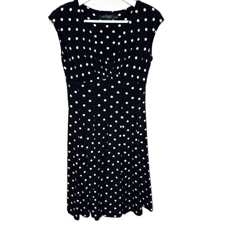 Lauren Ralph Lauren Black Polka Dot Swing Dress, Short Sleeve, Knee-Length, Size 6P
