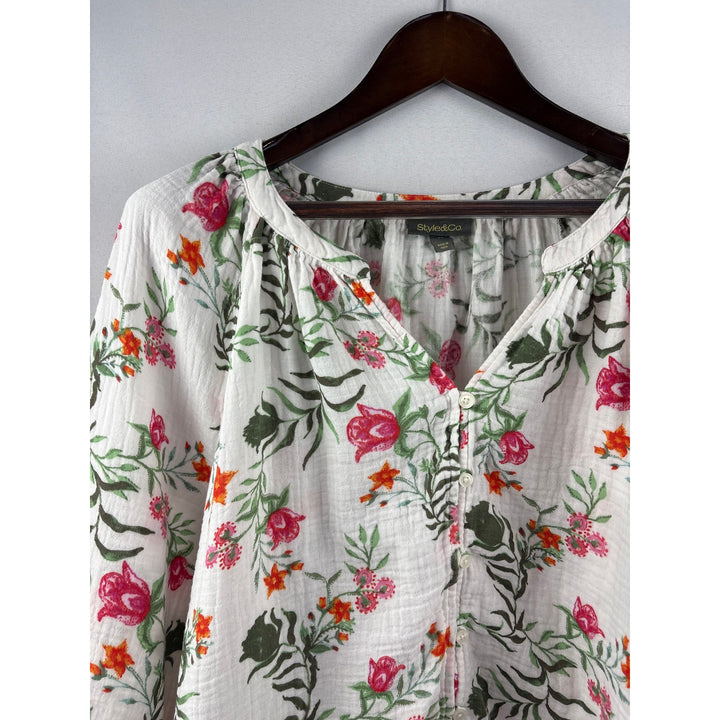 Women’s Style & Co. XL White Floral Button Up Blouse
