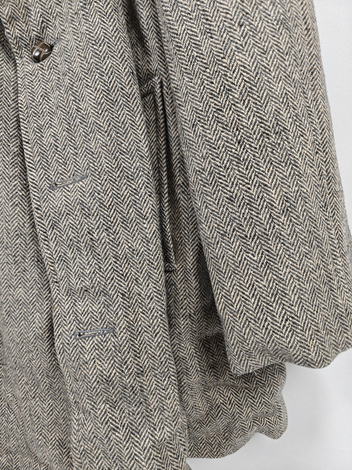 Mens Aberdeen Herringbone Tweed Coat Gray Brown Faux Fur Collar Size Unknown