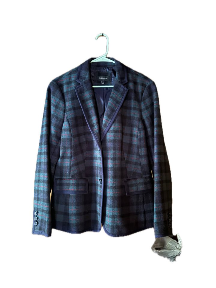 Talbots Black Watch Tartan Plaid Wool Blend Blazer Jacket Size 16 Navy Green