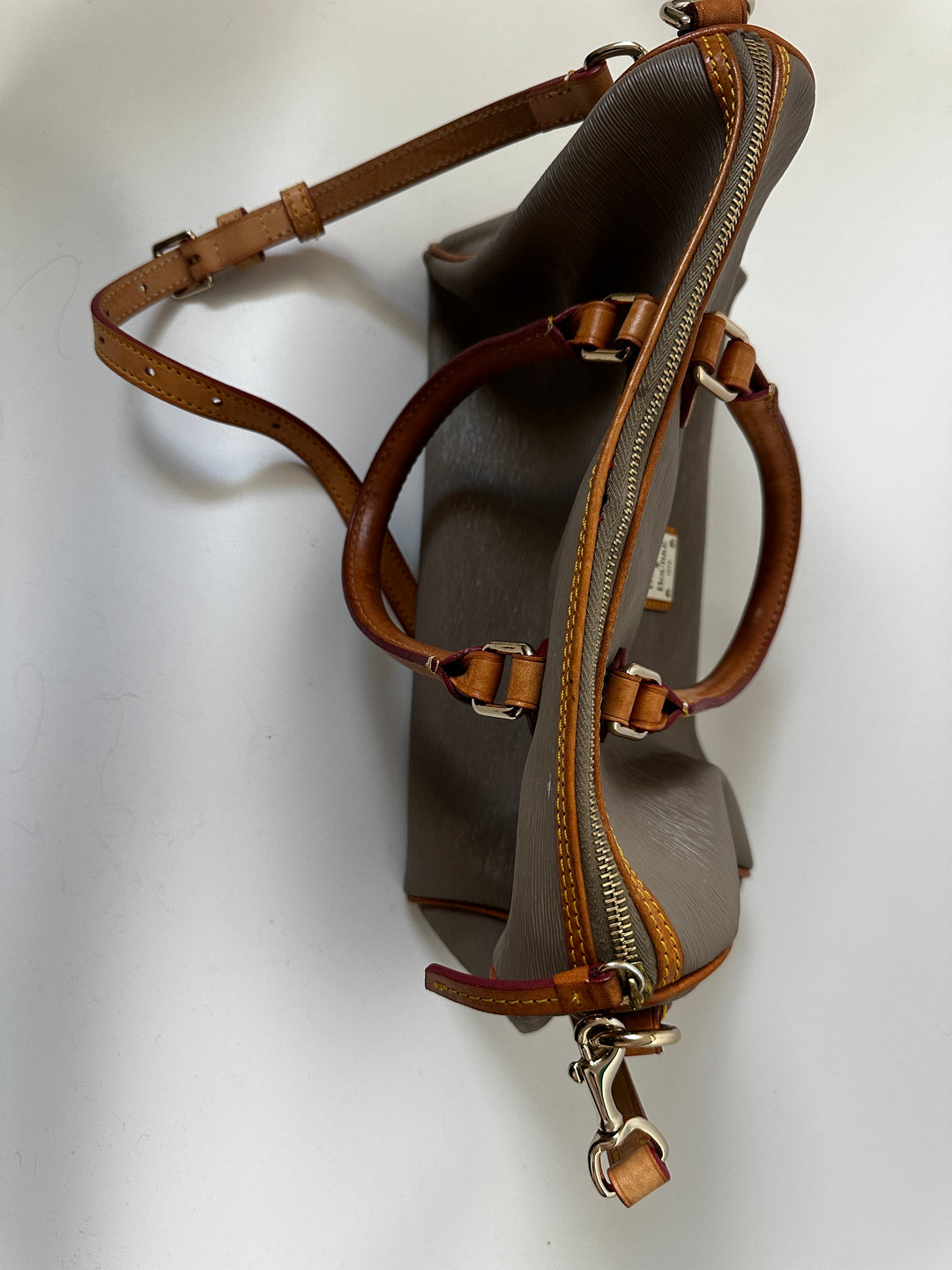 Dooney &amp; Bourke Taupe Gray Satchel Bag Tan Leather Trim Crossbody Strap