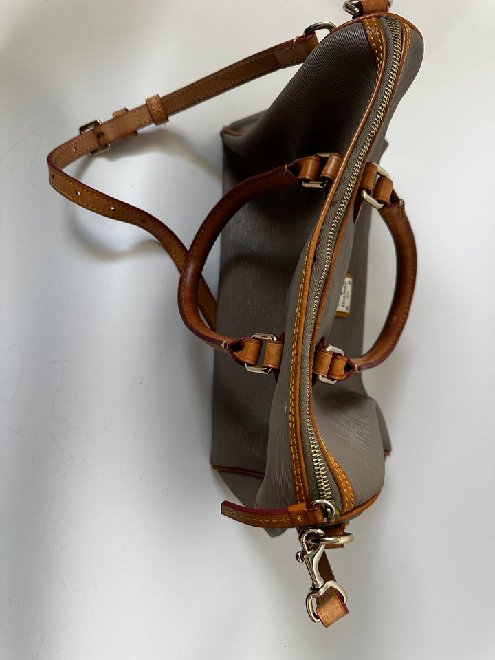 Dooney &amp; Bourke Taupe Gray Satchel Bag Tan Leather Trim Crossbody Strap