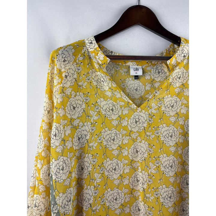 Women’s Cabi XL Yellow Long Sleeve Blouse w/ White & Black Florals