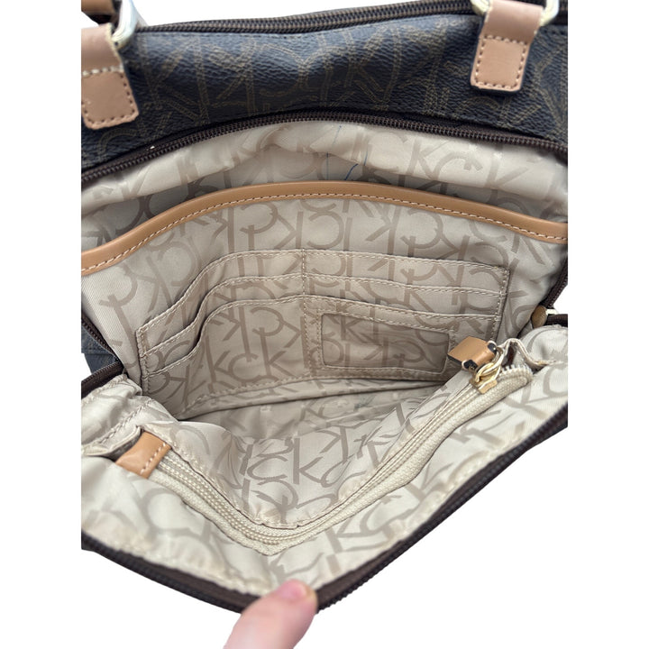Women’s Calvin Klein Brown Leather Logo Patterned Hangbag