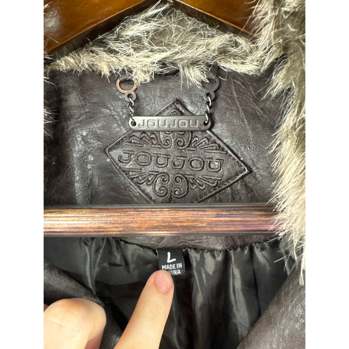 Women’s JouJou Large Brown Leather Jacket w/ Fur Collar
