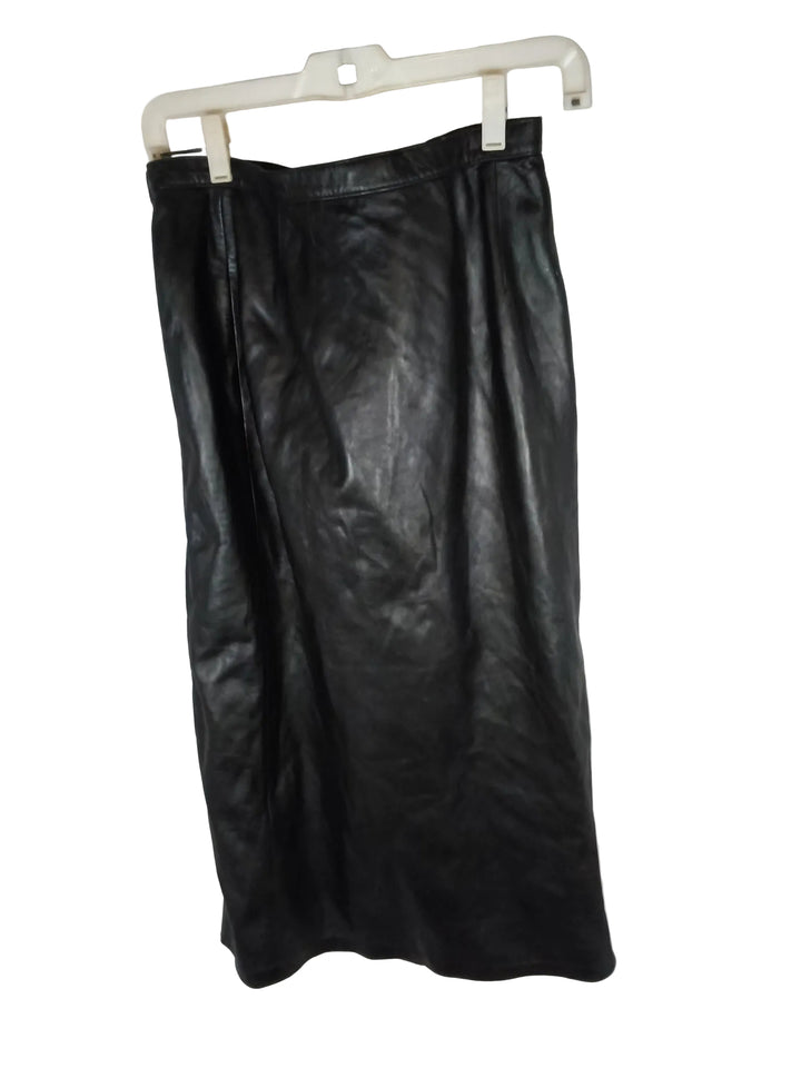 Vintage 1980s Black Genuine Leather Asymmetric Snap Midi Skirt Size 12