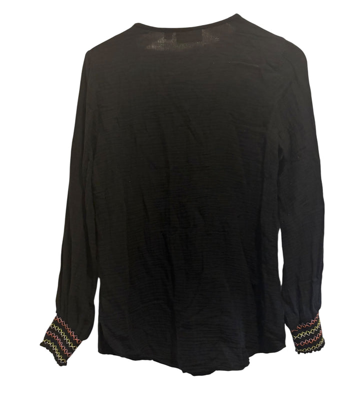 Belle Beach By Kim Gravel Black Gauze Boho Peasant Blouse Beaded Tassel Top XXS