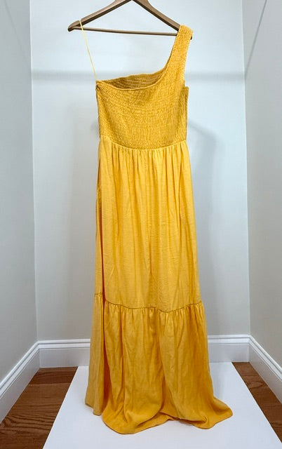 Nine West One‑Shoulder Yellow Smocked Maxi Dress SzL