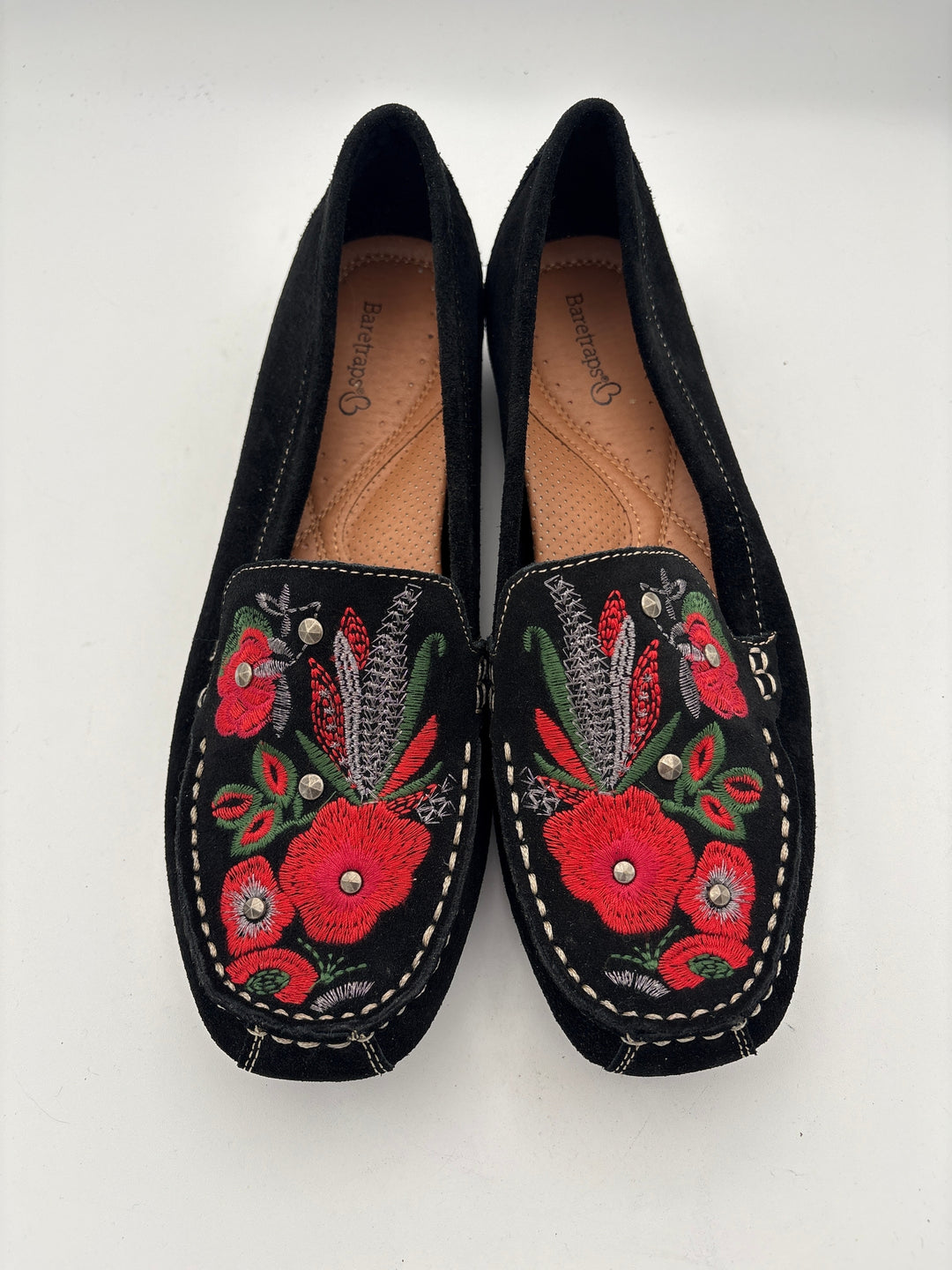 Womens Baretraps Size 9 Black Suede Loafers Red Floral Embroidery Silver Studs