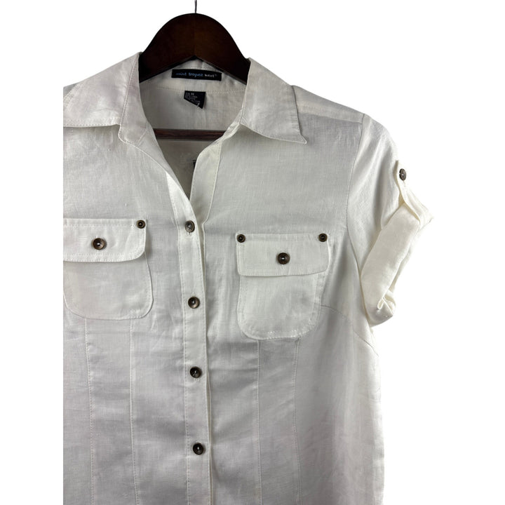 Women’s Saint Tropez West Medium White Linen Short Sleeve Button Up