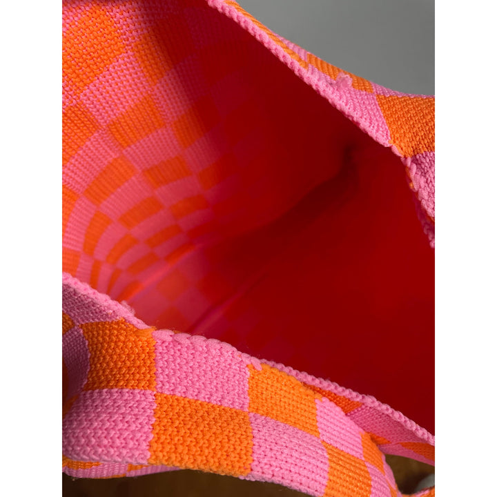 Kopari Knit Mini Tote Pink Orange 11" tall x 13.5" wide Retro Funky Checked Checkered