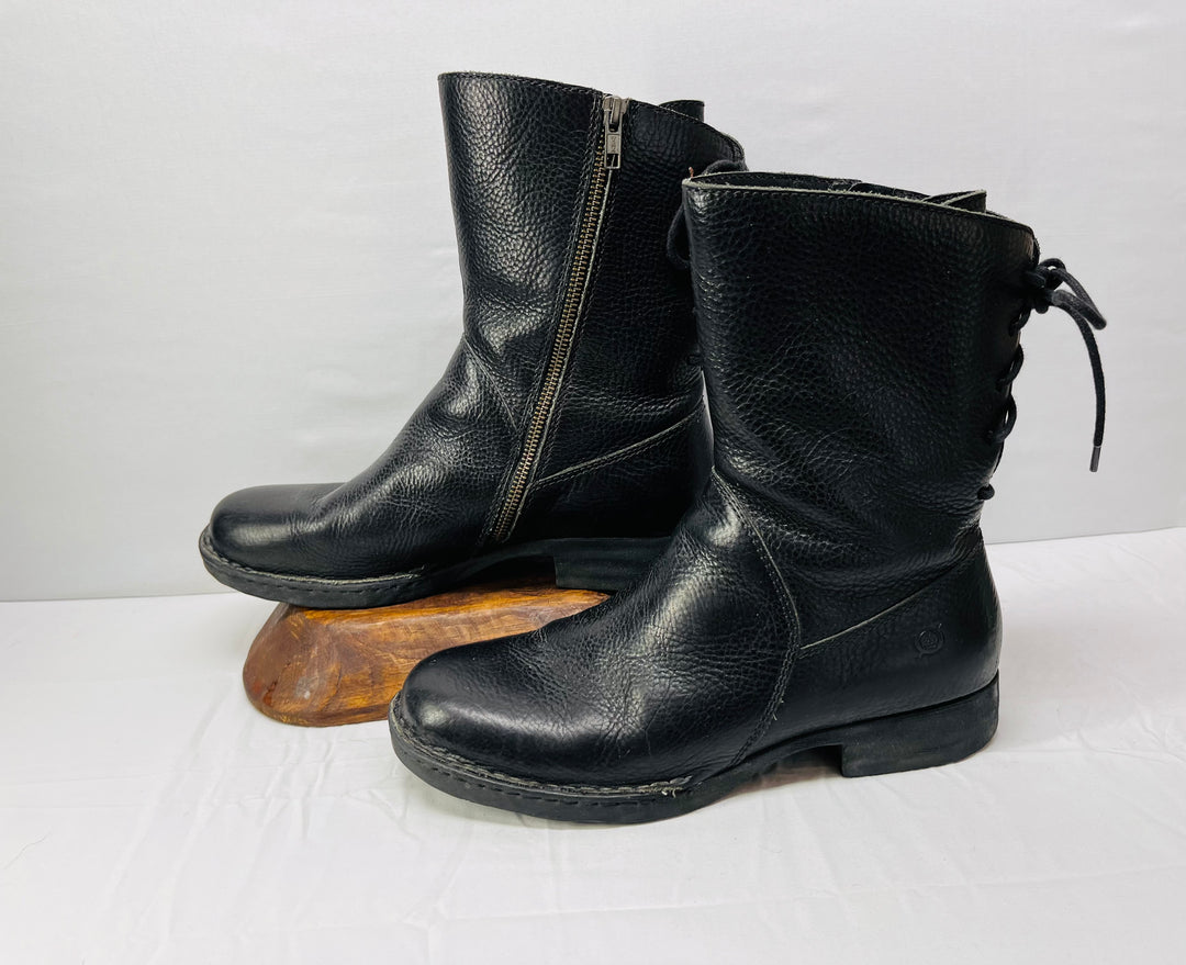 Born Women's Leather Mid Calf Boots Lace Up Back Side Zip Comfort Size 9