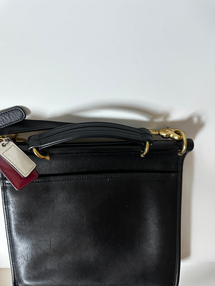 Coach Black Leather Turnlock Briefcase Messenger Crossbody Bag Brass Hardware