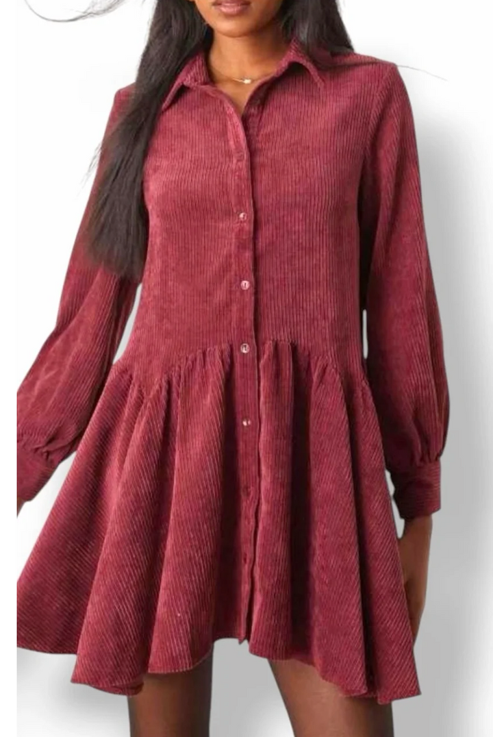 ASOS Design Burgundy Corduroy Mini Dress US 12 Button Drop Waist Peplum Babydoll