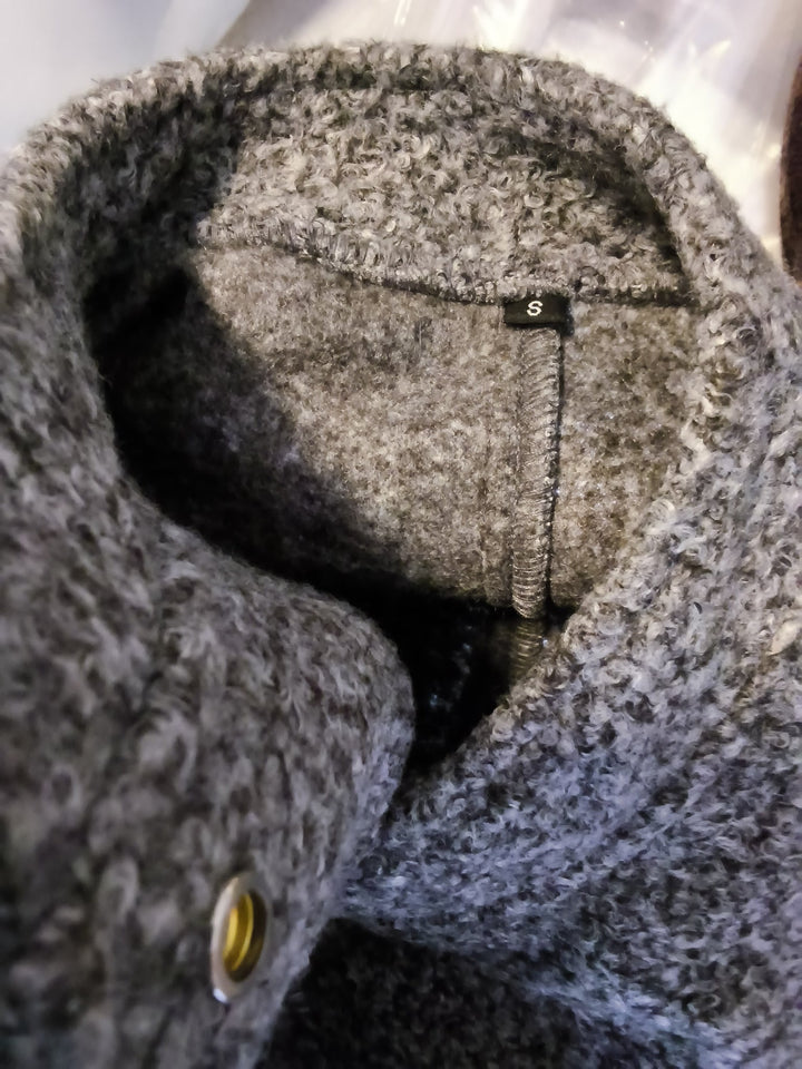 Grey Boucle Knit Bomber Jacket With Funnel Neck And Bubble Hem