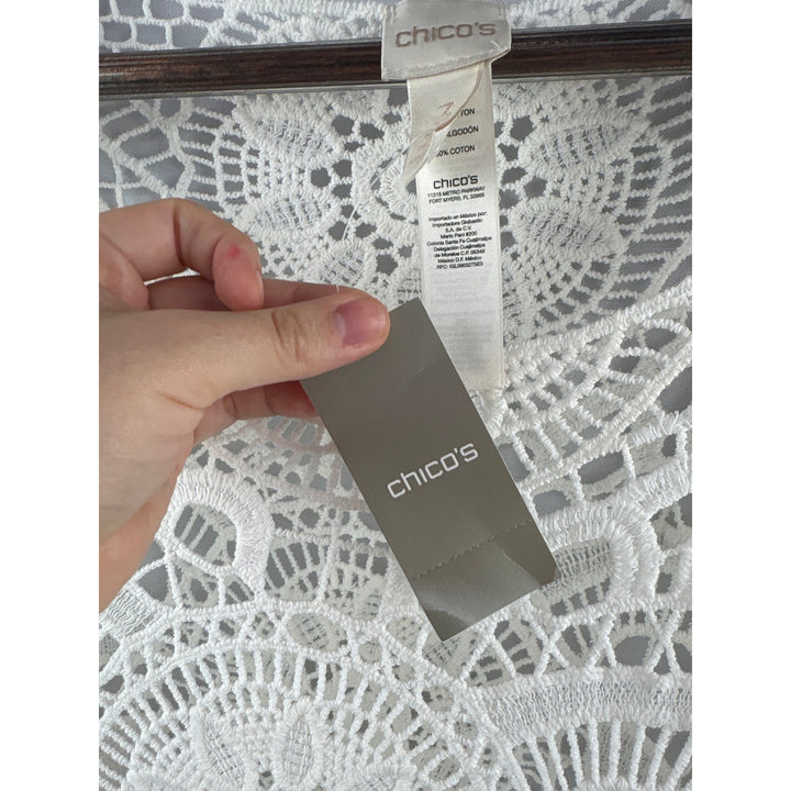 Women’s Chico’s Size 3 White Knit & Embroidered Floral Sheer Blouse