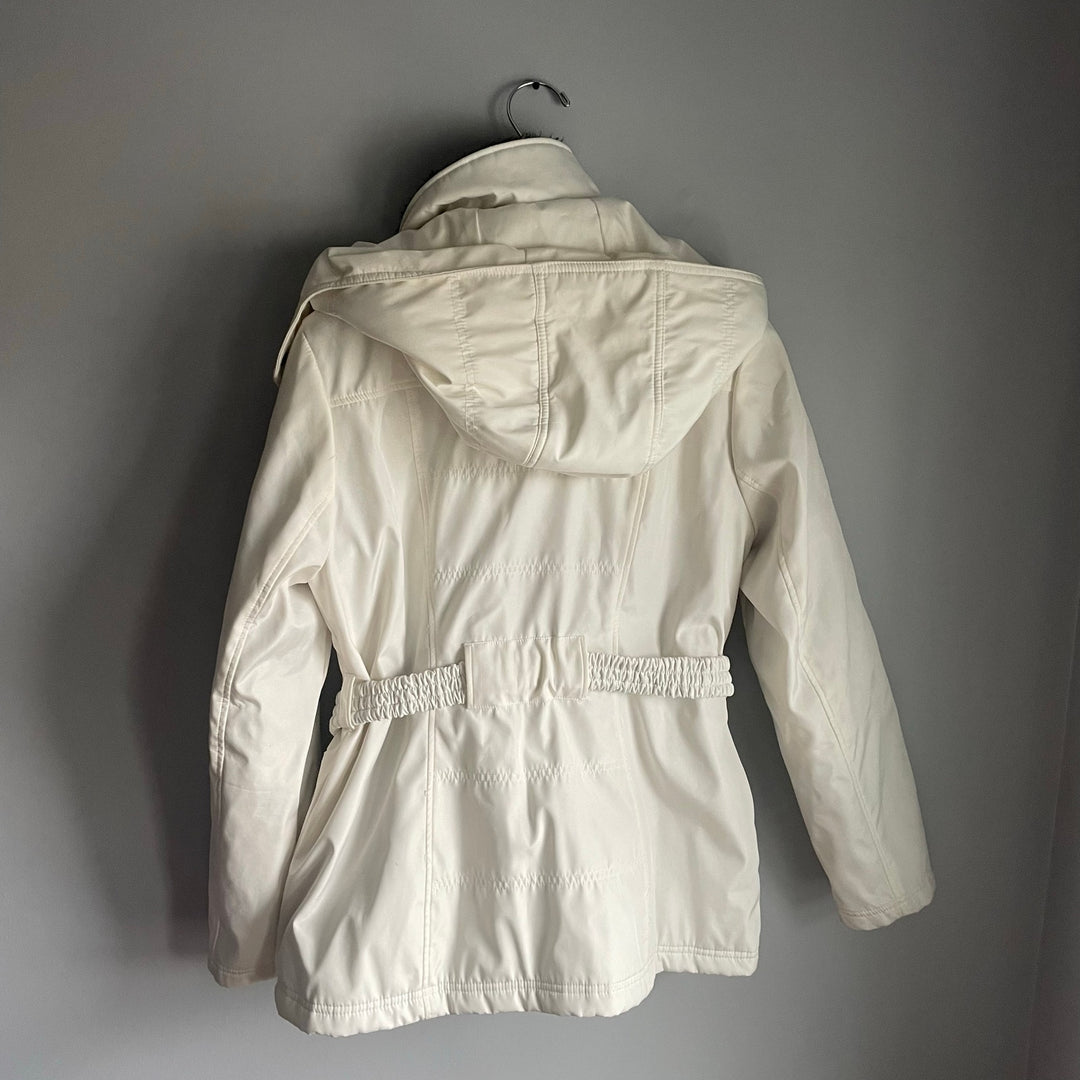 Jessica Simpson White Belted Puffer Coat Hood sz Large Minimalist Ski Jacket
