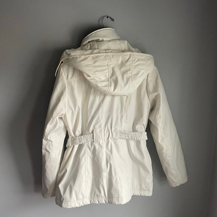 Jessica Simpson White Belted Puffer Coat Hood sz Large Minimalist Ski Jacket