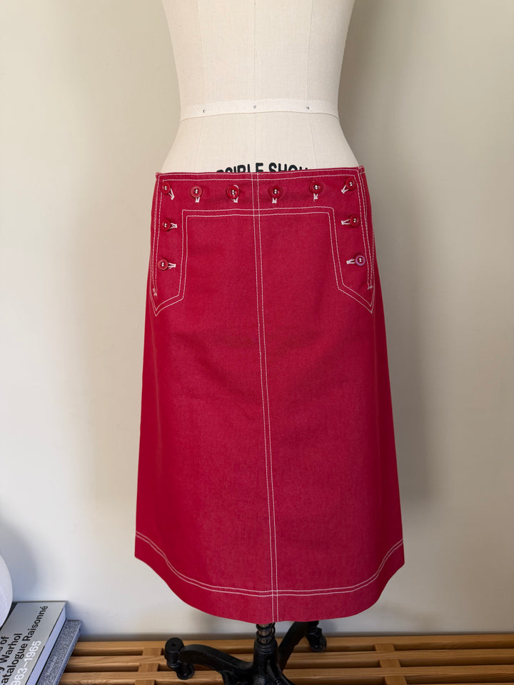 Philosophy di Alberta Ferretti Red Contrast Stitch Button Pencil Skirt Made in Italy US 6