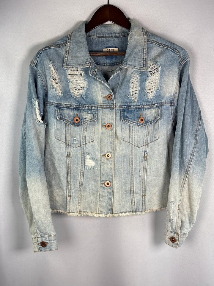 Womens Small Light Wash Blue Denim Jacket With Sequin Lip Back Graphics