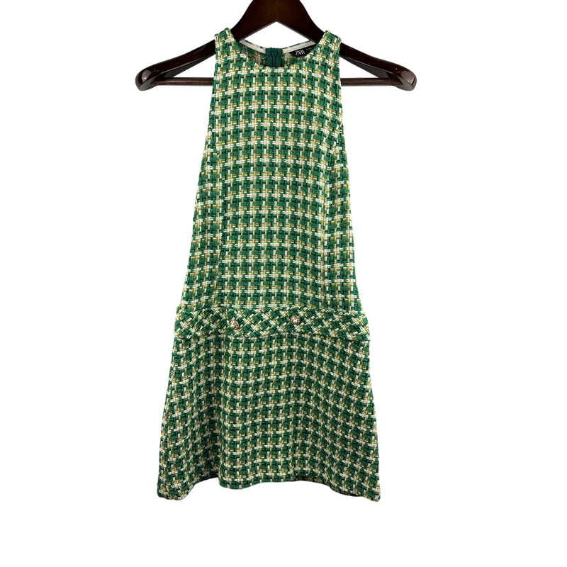 Women’s Zara XS Green, White, & Brown 60’s Style Sleeveless Mini Dress