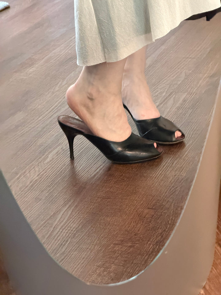 Costume National Black Leather Peep Toe Mule Heels Size 8