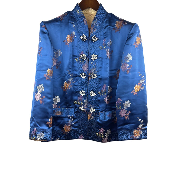 Women’s Large Reversible Royal Blue & Gold Kimono Style Blouse w/ Floral Pattern