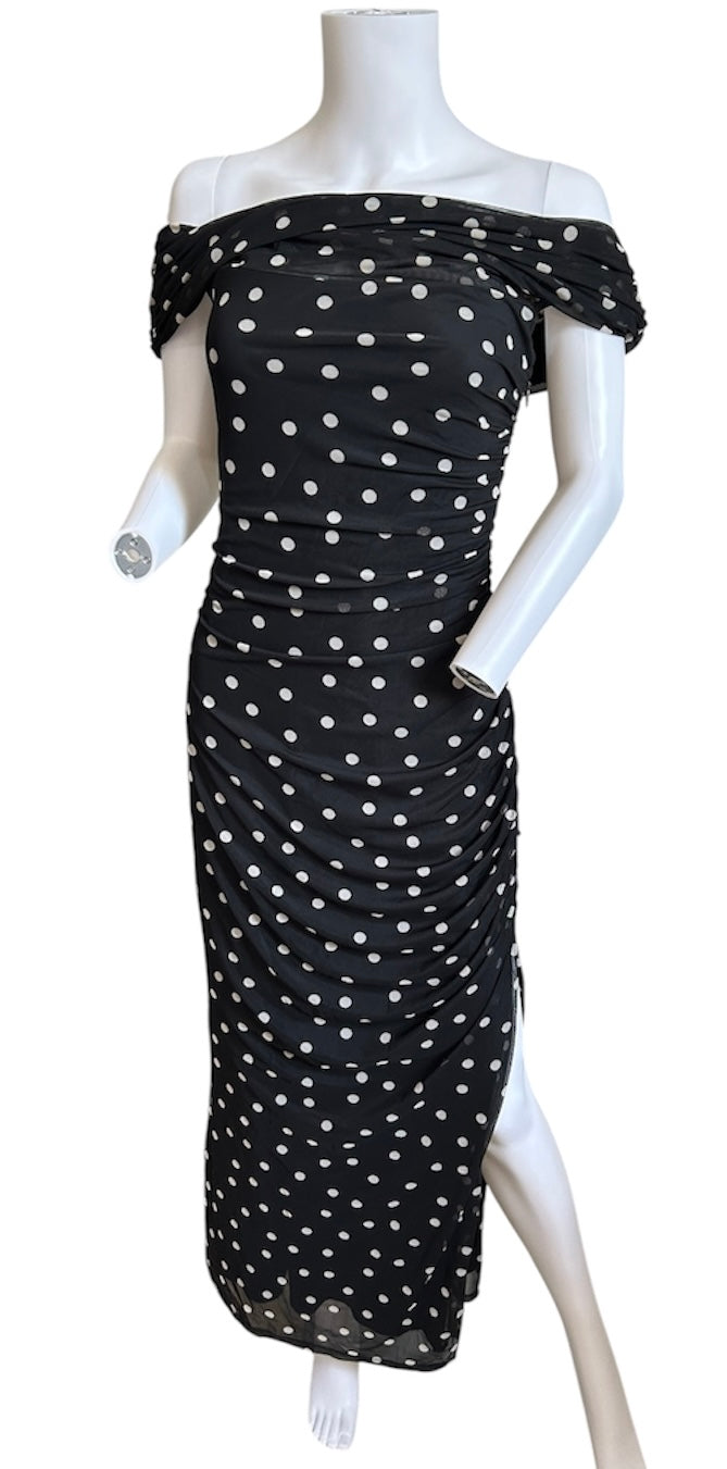 Abercrombie &amp; Fitch Women’s Mesh Draped off the Shoulder Maxi Dress Women’s Size Medium Black Polka Dot NEW!!