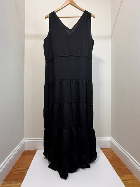 DKNY Black Tie Waist Tiered Maxi Dress Sz L NWT