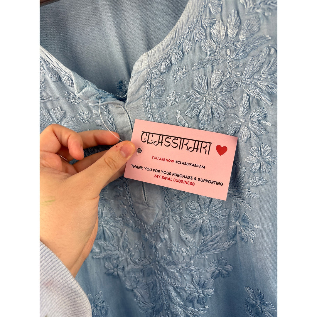 Women’s Classikari XL Blue Ombré 3/4 Length Sleeve Blouse w/ Floral Embroidery