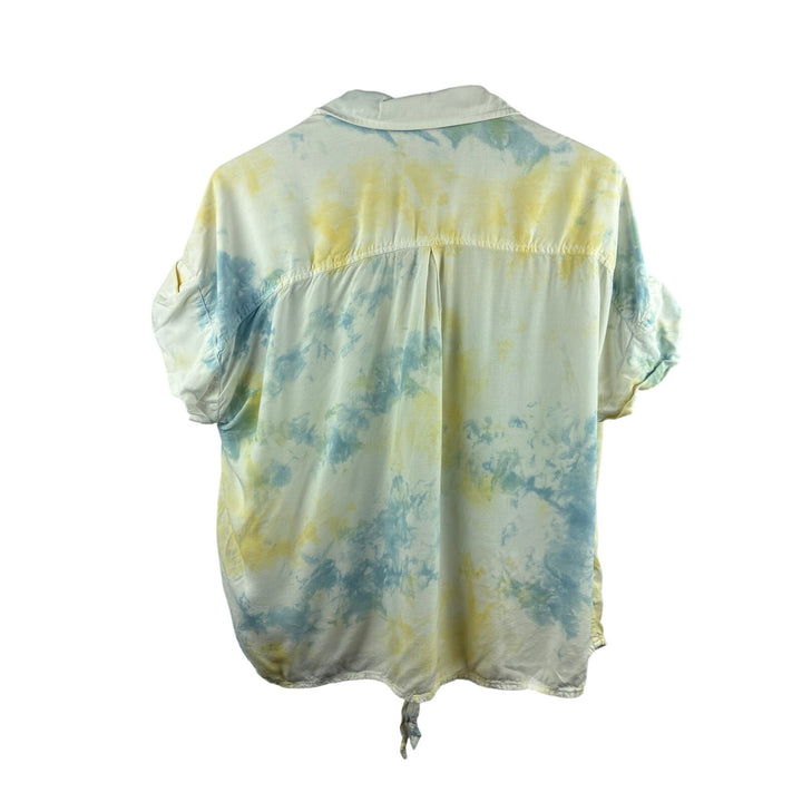 Women’s Caffé Marrahesh Size 1X White, Yellow, & Blue Tie-Dyed Blouse