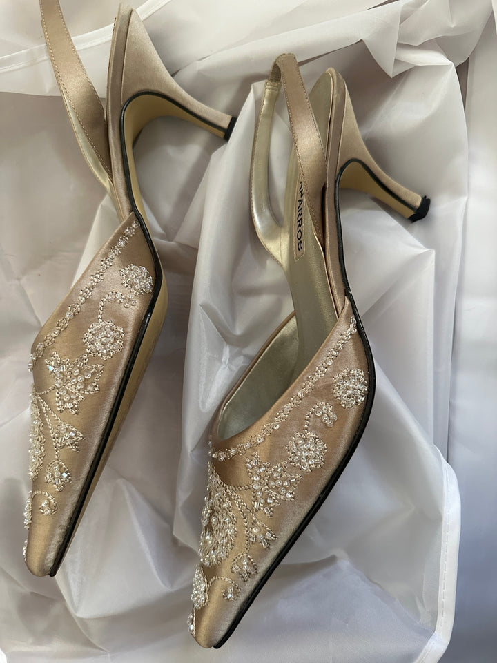 Caparros Champagne Satin Beaded Slingback Heels Wedding Evening Bridal
