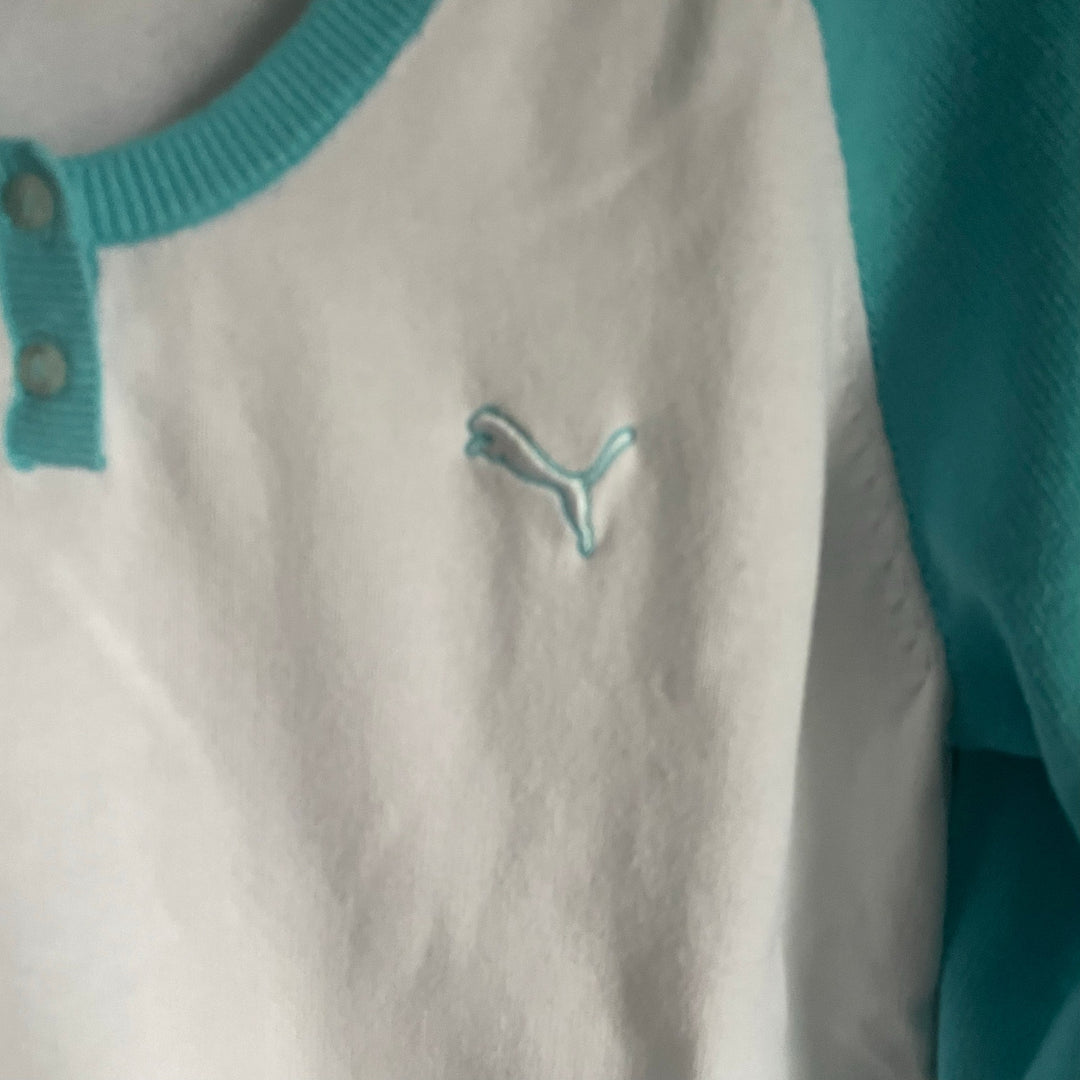 Puma White and Aqua Knit Athletic Golf Baseball Raglan Sweater Top size Medium