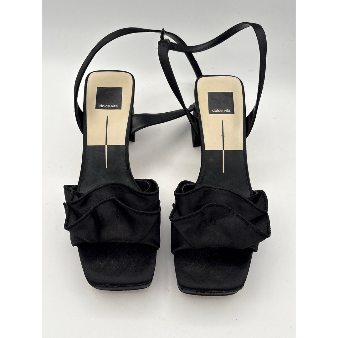 Women’s Dolce Vita Size 7.5 Black Silk Ruffled Strappy Block Heels