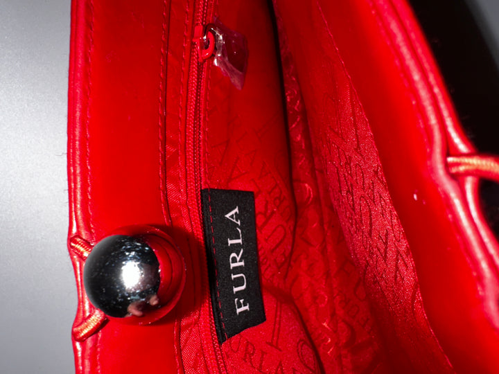 Furla Red Leather Shoulder Bag Clutch Silver Ball Closure