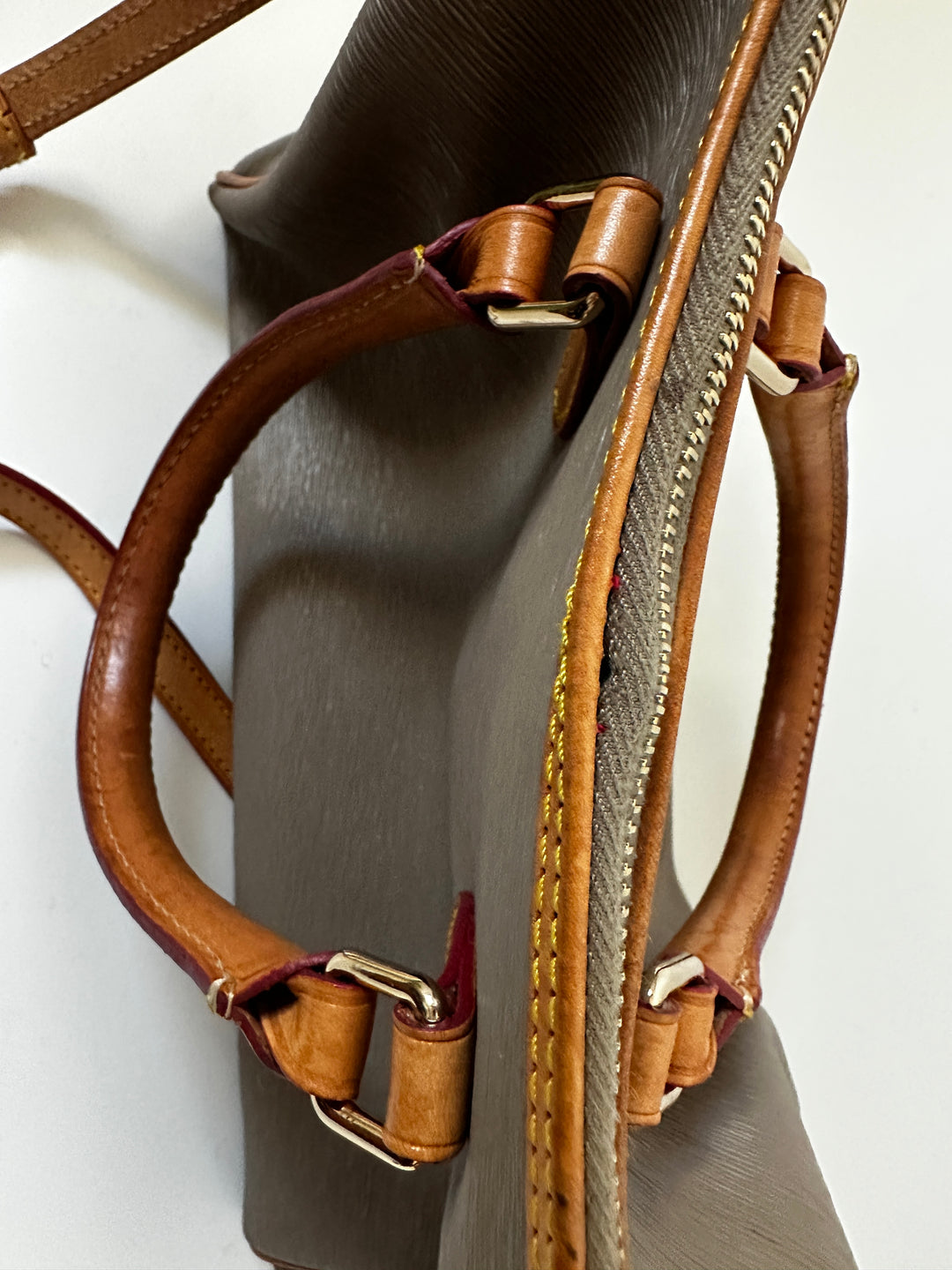 Dooney &amp; Bourke Taupe Gray Satchel Bag Tan Leather Trim Crossbody Strap