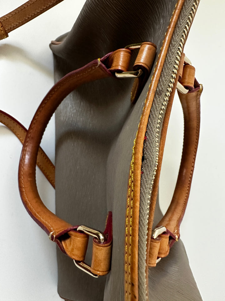 Dooney &amp; Bourke Taupe Gray Satchel Bag Tan Leather Trim Crossbody Strap