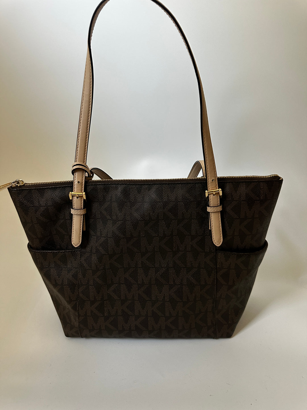 Michael Kors Brown MK Signature Logo Tote Bag Tan Straps Gold Charm