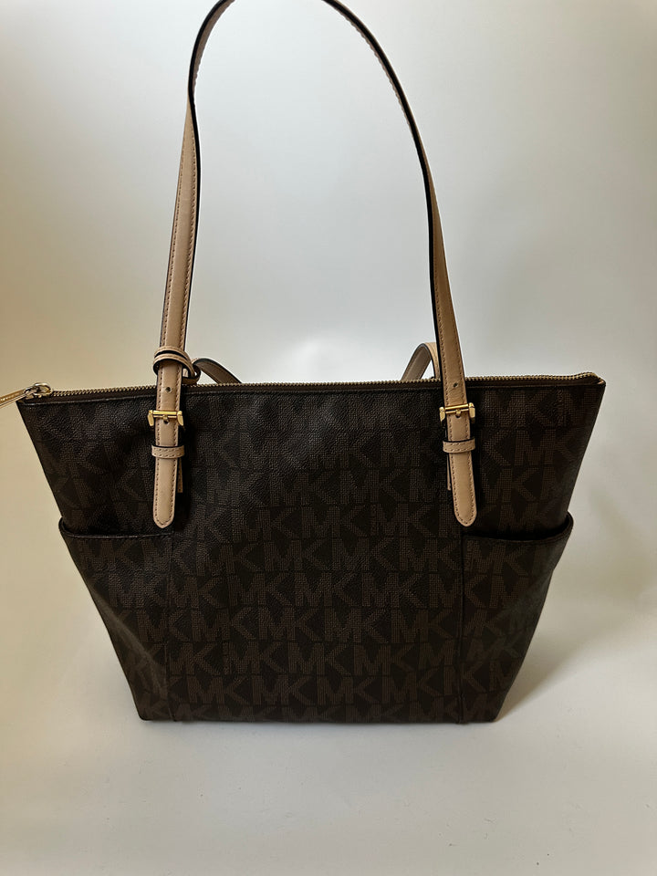 Michael Kors Brown MK Signature Logo Tote Bag Tan Straps Gold Charm