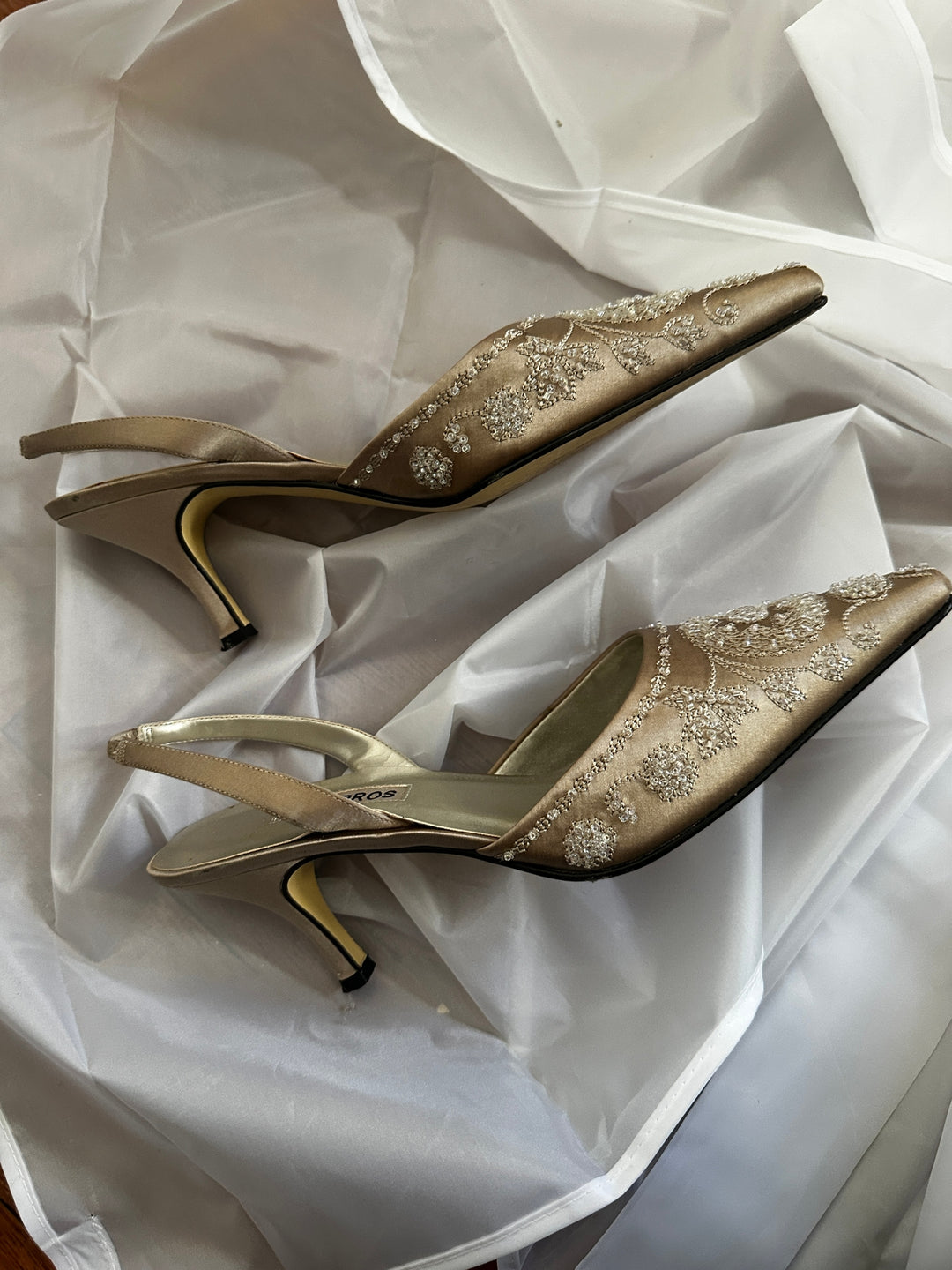 Caparros Champagne Satin Beaded Slingback Heels Wedding Evening Bridal